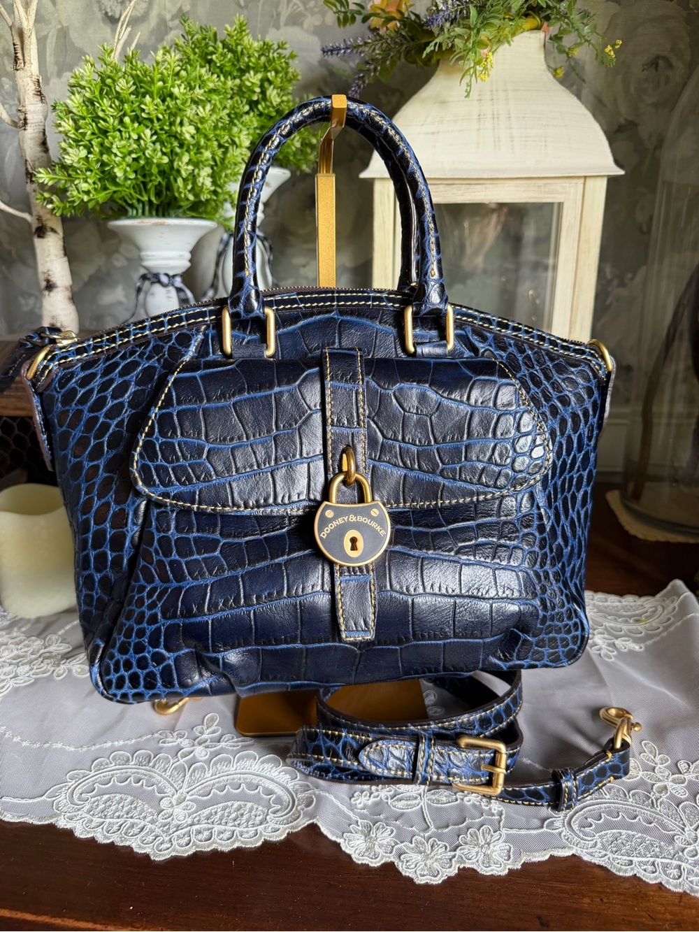 Dooney & Bourke Navy Campbell Croc-Embossed Leather Satchel Bag Purse